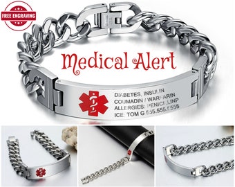 Personalized Engraved Medical Alert Bracelet for Men - Medical Alert Tag - Medical ID Bracelet Engravable - Alzheimer Diabetic Bracelet Gift