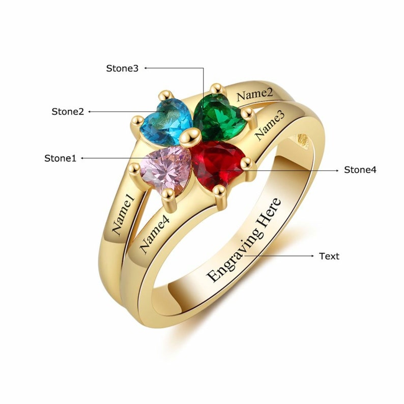 Mothers Ring 4 Stone 4 Name Engraved Gold Family Ring 4 Etsy