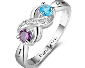 Sterling Silver Custom Two Birthstone Ring, Personalized Double Dual Birth Stone Family Mom Engraved Kids Name Jewelry, Mother's Day Gift