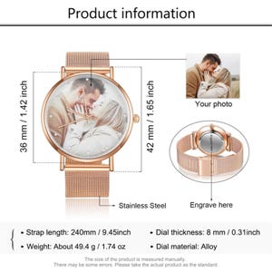 K&ouml;nnte beinhalten: Ros&eacute;goldene Edelstahl-Uhr mit Mesh-Armband. Das Zifferblatt zeigt ein Foto eines Paares. Das Armband ist 240 mm lang, und das Zifferblatt ist 36 mm breit und 42 mm hoch. Das Zifferblattmaterial ist Legierung.