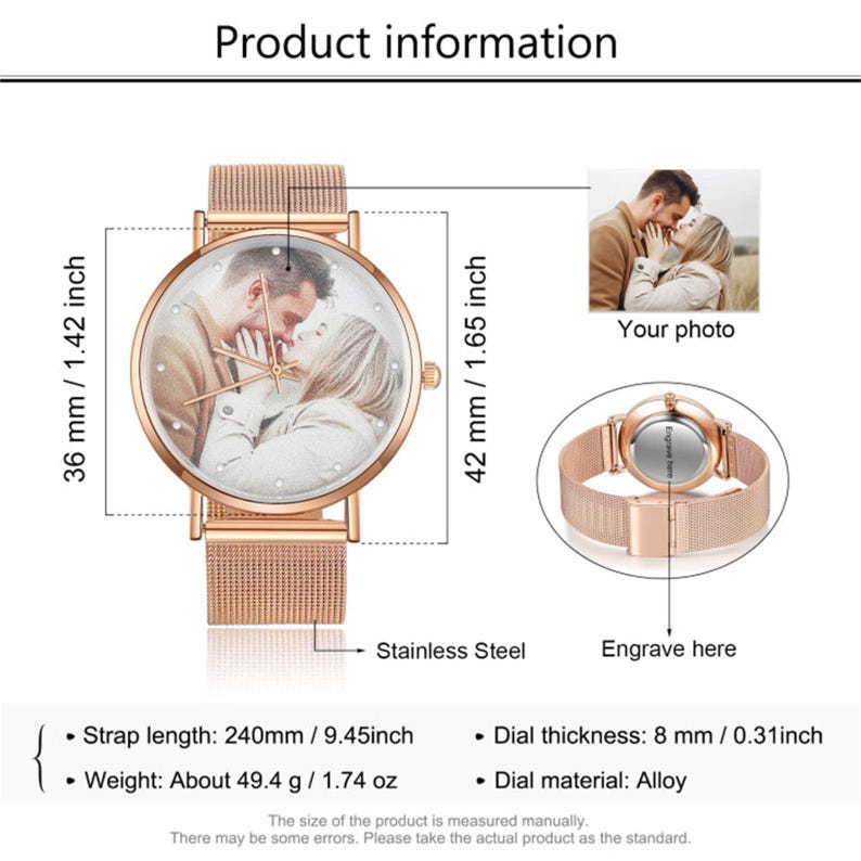 K&ouml;nnte beinhalten: Ros&eacute;goldene Edelstahl-Uhr mit Mesh-Armband. Das Zifferblatt zeigt ein Foto eines Paares. Das Armband ist 240 mm lang, und das Zifferblatt ist 36 mm breit und 42 mm hoch. Das Zifferblattmaterial ist Legierung.