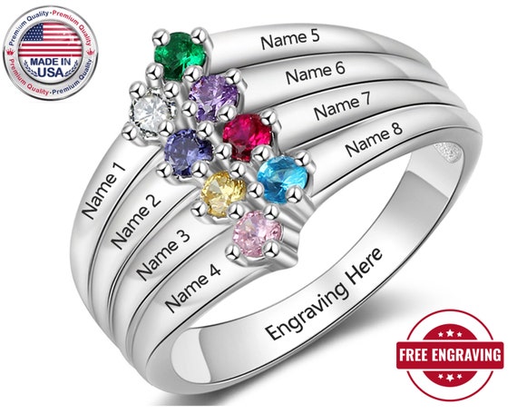 6 Birthstone Name Ring with Engraving, Mother's Ring, Personalised Name Ring  – ineffabless.co.uk