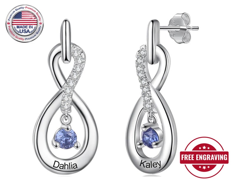 Engraved Infinity Name Earrings Stone Dangle Earrings Gift Her Personalized Drop Earrings for Women and Girls Birthstone Name Earrings