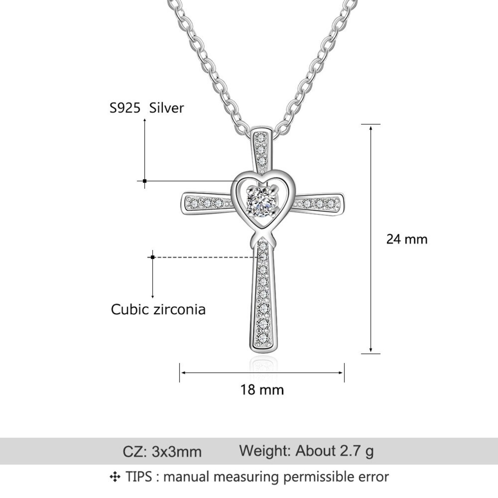 STERLING SILVER Cross Heart Pendant Cubic Zirkonia Necklace Etsy
