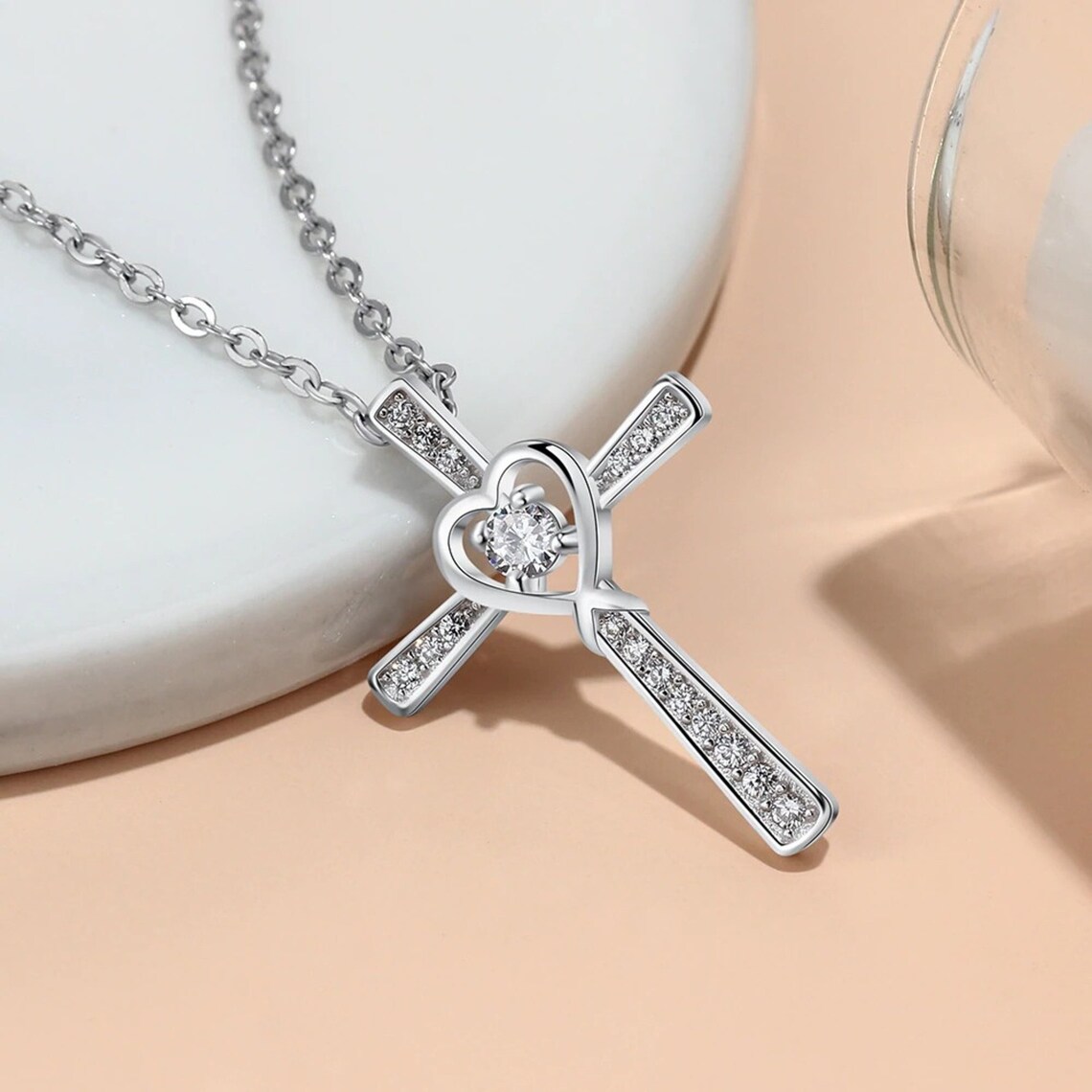 STERLING SILVER Cross Heart Pendant Cubic Zirkonia Necklace Etsy