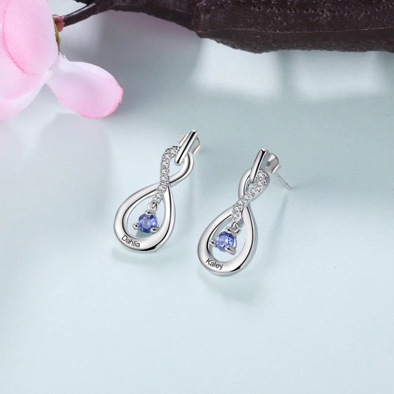 Engraved Infinity Name Earrings Stone Dangle Earrings Gift Her Personalized Drop Earrings for Women and Girls Birthstone Name Earrings