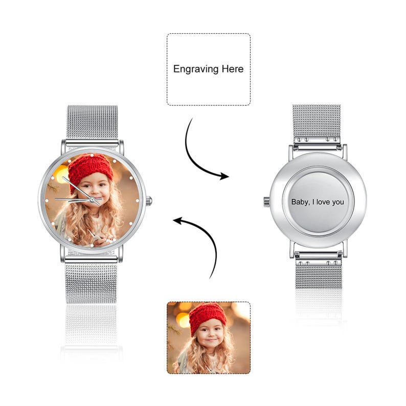 K&ouml;nnte beinhalten: Eine silberne Armbanduhr mit einem Mesh-Armband. Das Zifferblatt zeigt ein Farbfoto eines Kindes mit roter M&uuml;tze. Auf der R&uuml;ckseite der Uhr steht "Baby, I love you".