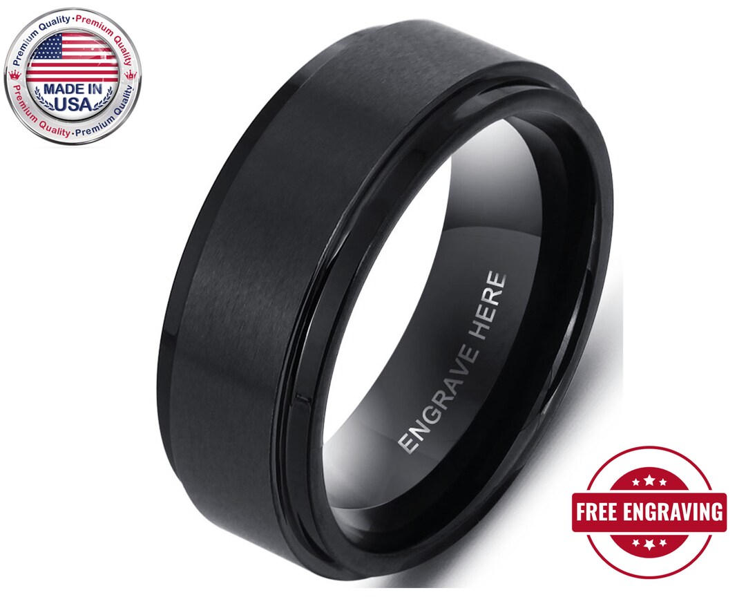 Mens Ring Engraved Personalized Black Tungsten Mens Promise Etsy
