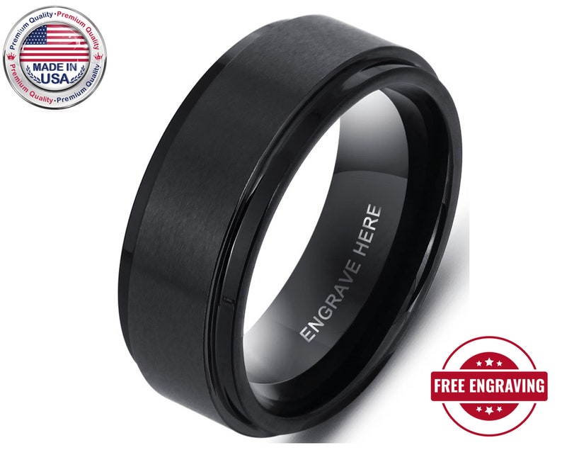 Mens Ring Engraved Personalized Black Tungsten Mens Promise Etsy