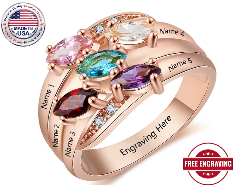 Mothers Ring 5 Stone 5 Name Engraved Rose Gold Mothers Ring Etsy