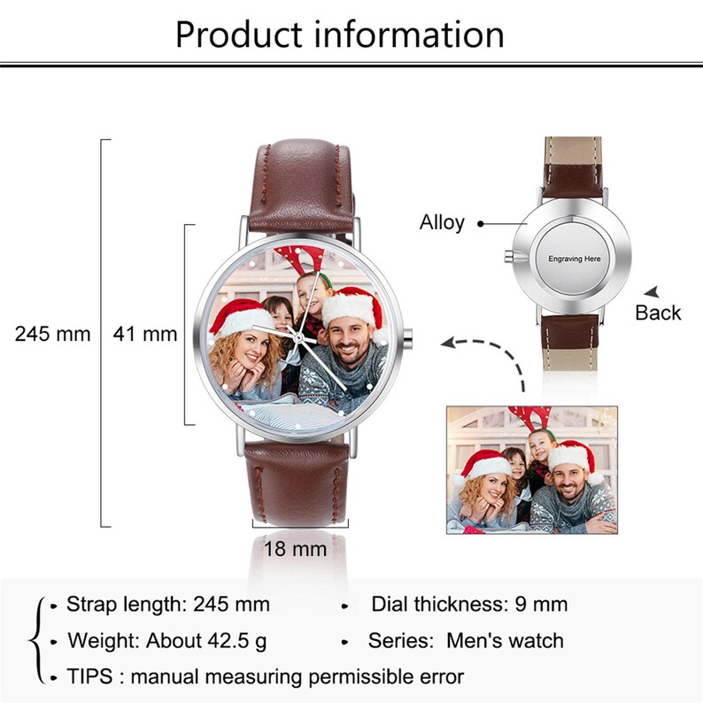 May include: A brown leather strap watch with a silver alloy case. The watch face features a family photo. The strap is 9.6 inches long, and the dial is 0.7 inches thick. The watch weighs about 1.5 ounces.