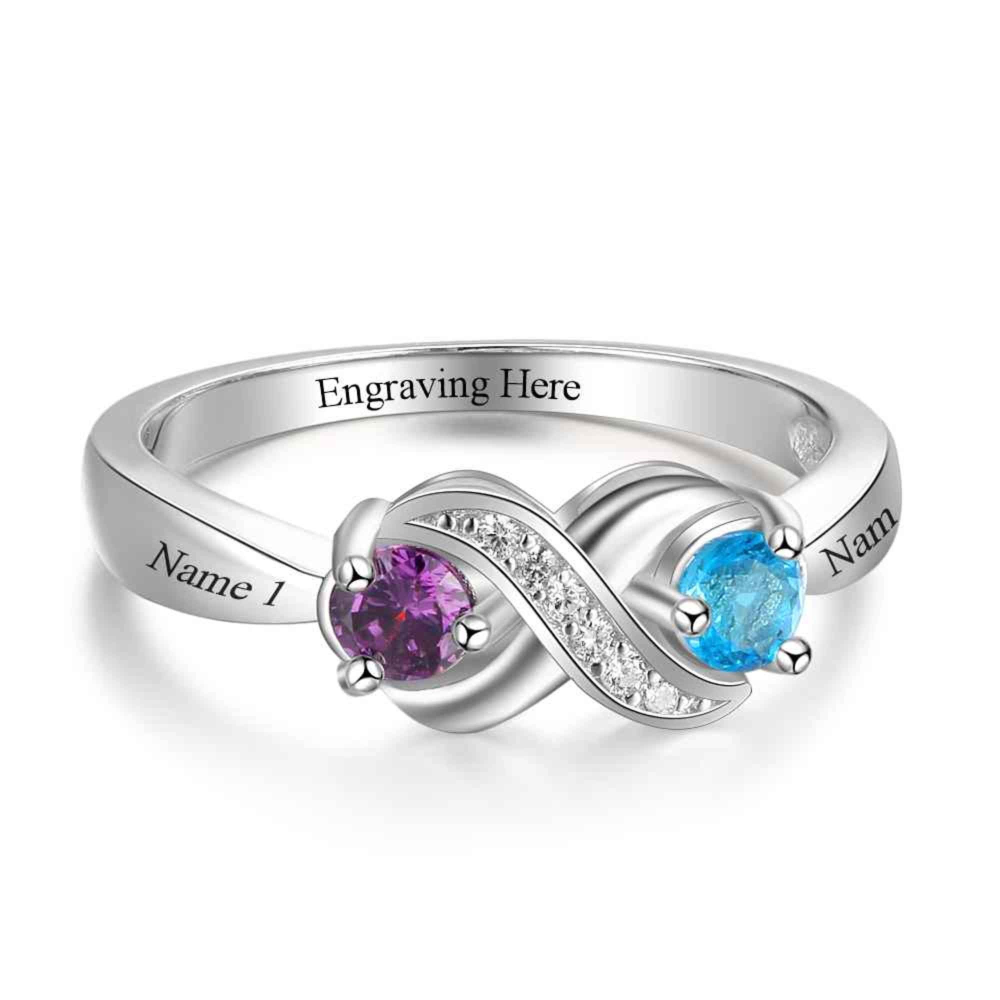 ROSI Personalized Mother's Ring - Custom Name & 2 Simulated Birthstones, Engraved Gift For Mom