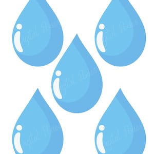 Puede incluir: Cinco gotas de lluvia azules, cada una con un punto culminante blanco, están dispuestas en un patrón escalonado sobre un fondo blanco.