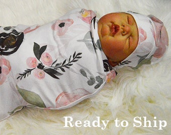 Baby swaddle and beanie set, Anemone Floral, baby photo prop, hospital set, baby gift, shower gift, stretchy swaddle, newborn set