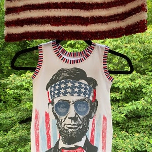 upcycle graphic-T romper, harem romper, 4th of July rompers, 4th of July romper, patriotic, Murica, Abe Lincoln, Abraham Lincoln