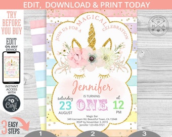 EDITABLE Rainbow unicorn birthday first gold magic magical party invitation. Instant access to the template. Customized by you. 110HPA 03