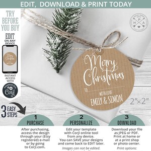 EDITIERBARE Weihnachtsgeschenkanhänger Skript runder 2x2 Kraftpapier-Etikettaufkleber. Sofortiger Zugriff auf die Vorlage. Angepasst von Ihnen 101HPA 20