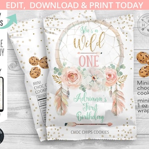 May include: A printable design for a 1 oz. mini chocolate chip cookie bag featuring a watercolor dreamcatcher with pink and green flowers, feathers, and gold glitter. The text reads "She's a Wild One" and "Adriana's First Birthday".