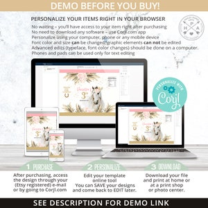 May include: A digital mockup showing how to personalize a printable party invitation with a white horse and pink flowers on a beige background. The invitation says "Vanessa's 3rd Birthday".