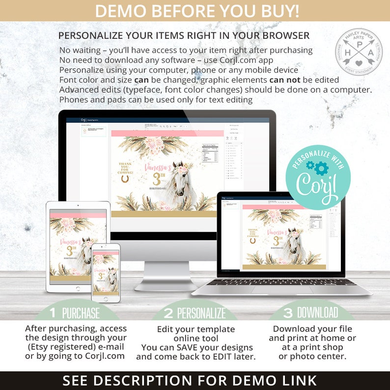 May include: A digital mockup showing how to personalize a printable party invitation with a white horse and pink flowers on a beige background. The invitation says "Vanessa's 3rd Birthday".