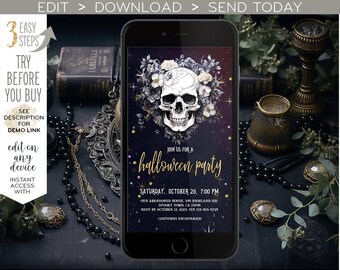 Halloween party invitation electronic evite, gothic skull party e-vite, smartphone screen, digital invite. Editable template. E242 08 242HPA