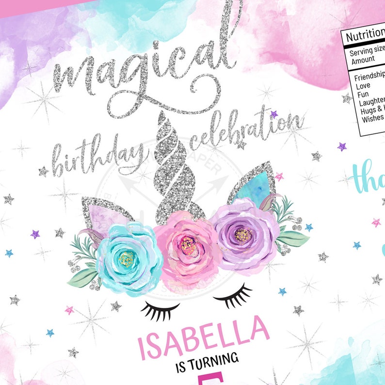 May include: A printable invitation for a magical birthday celebration featuring a silver glitter unicorn with a pink, blue, and purple flower crown. The text "Magical birthday celebration" is written in silver glitter font. The name "Isabella" is written in pink font and the text "is turning" is written in pink font.