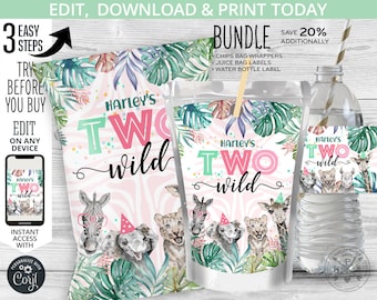 BUNDLE Jungle TWO WILD chips bag, juice bags, safari water bottle labels, treat pouch second girl birthday. Editable printable. 125HPA 41