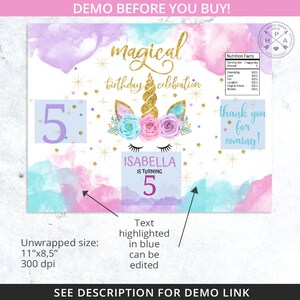 May include: A printable unicorn birthday party sign with a watercolor background in shades of pink, purple, and blue. The sign features a unicorn with a gold horn and a floral crown. The text "magical birthday celebration" is written in gold glitter letters. The sign also includes the number 5, the name Isabella, and the text "is turning".