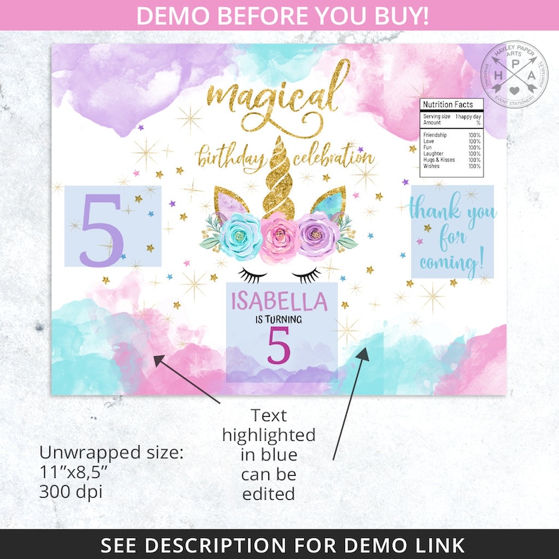 May include: A printable unicorn birthday party sign with a watercolor background in shades of pink, purple, and blue. The sign features a unicorn with a gold horn and a floral crown. The text "magical birthday celebration" is written in gold glitter letters. The sign also includes the number 5, the name Isabella, and the text "is turning".