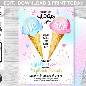 Ice cream gender reveal what's the scoop girl or boy baby shower 5x7 icecream blue pink script invitation. Editable template. 163HPA 01