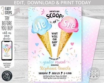 Ice cream gender reveal what&#39;s the scoop girl or boy baby shower 5x7 icecream blue pink script invitation. Editable template. 163HPA 01
