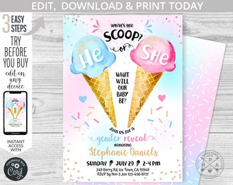 Ice cream gender reveal what's the scoop girl or boy baby shower 5x7 icecream blue pink script invitation. Editable template. 163HPA 01