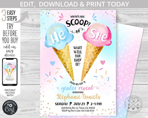 Ice cream gender reveal what's the scoop girl or boy baby shower 5x7 icecream blue pink script invitation. Editable template. 163HPA 01 Il_570xn