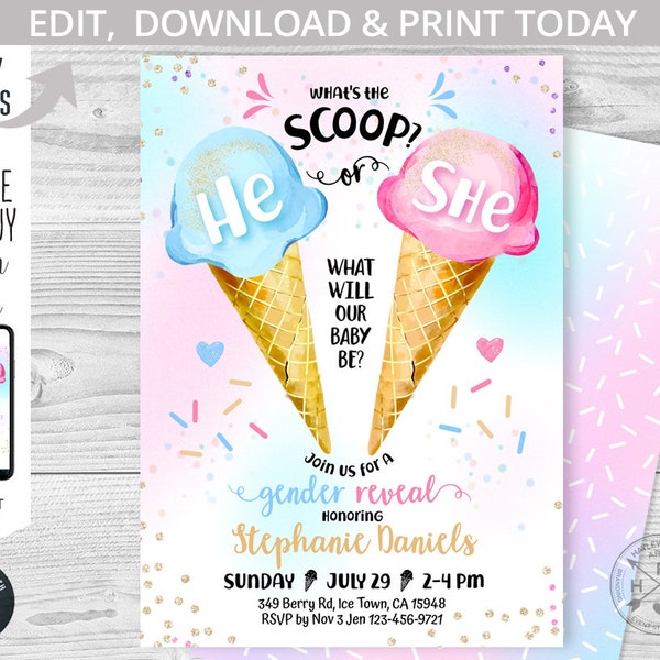 Ice cream gender reveal what's the scoop girl or boy baby shower 5x7 icecream blue pink script invitation. Editable template. 163HPA 01