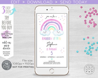 Könnte beinhalten: Eine digitale Einladung zu einer Geburtstagsfeier mit einem Regenbogen, Wolken und dem Text "Feiert mit uns einen Regenbogen voller Spaß, Stephanie wird 5 Jahre alt".