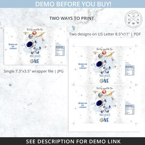 May include: Two printable designs for a space-themed birthday party. One design features a single wrapper with an astronaut holding balloons with planets. The other design features a printable sheet with three wrappers, each with an astronaut holding balloons with planets. The text "First Trip Around the Sun" and "Michael One" are included in the design.