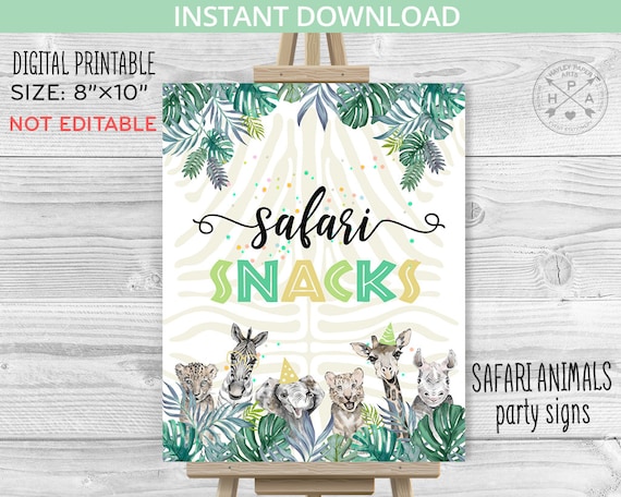 Safari snacks table sign birthday 8x10 printable jungle party animals ...