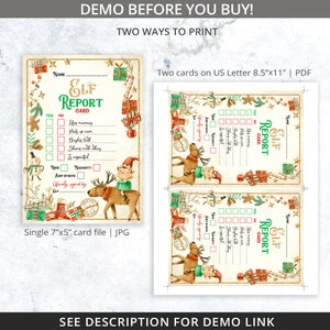 Puede incluir: Dise&ntilde;o festivo de la tarjeta de informe de duende con un duende montado en un reno. La tarjeta presenta un dise&ntilde;o caprichoso con cajas de regalo y bastones de caramelo. El texto incluye "Elf Report Card" y elementos de lista de verificaci&oacute;n. Se muestran dos opciones de impresi&oacute;n.