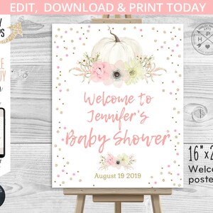 Pumpkin welcome poster baby shower party sign 16x20 guestbook board Pink pastel boho flowers confetti. Editable printable. 001HPA 16