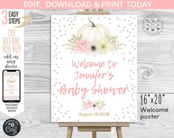 Pumpkin welcome poster baby shower party sign 16x20 guestbook board Pink pastel boho flowers confetti. Editable printable. 001HPA 16