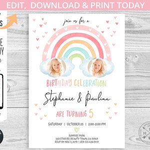 May include: A printable birthday invitation featuring a watercolor rainbow, clouds, and two photos. The invitation includes the text "Birthday Celebration," names, and event details. The design also includes the text "Edit, Download & Print Today."
