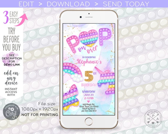 Pop it electronic birthday fidget toy invitation toy bubbles rainbow girl party, smartphone e-vite. Selfediting template. E175 06 175HPA Il_570xn