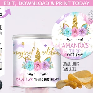 Unicorn mini chips can label magical celebration birthday purple pink gold girl magic party. Self editable online template. 046HPA 36 B