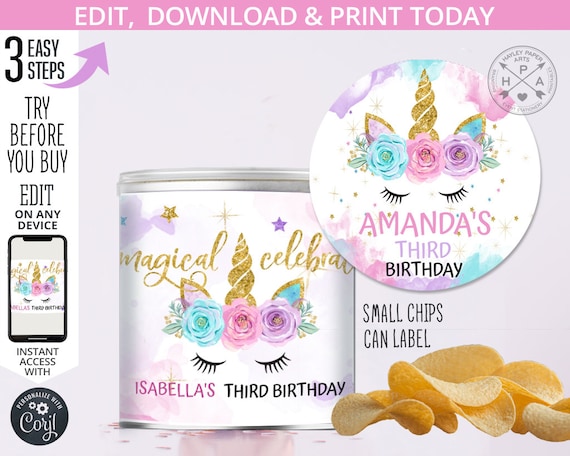 Unicorn mini chips can label magical celebration birthday purple pink gold girl magic party. Self editable online template. 046HPA 36 B Il_570xn