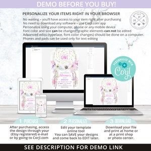 Op de afbeelding: Een digitale mockup die laat zien hoe je een afdrukbare uitnodiging voor een eerste verjaardag kunt personaliseren. De uitnodiging heeft een roze en witte droomvanger met veren en de tekst "One" en "Adriana's First Birthday". De uitnodiging kan worden bewerkt met de Corjl.com app.