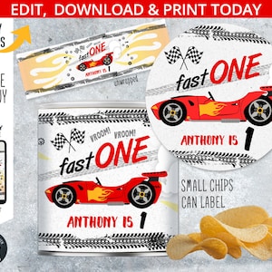 May include: Printable party favor labels featuring a red race car with flames and the text "Fast One" and "Anthony is 1". The labels are designed for small chip bags.