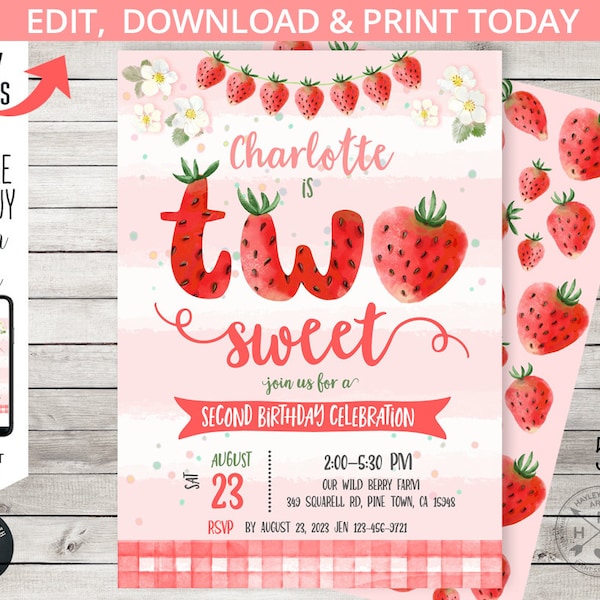 Strawberry Two sweet berry second 2nd birthday invitation berries spring fruit girl strawberries farm market. Editable printable. 223HPA 05