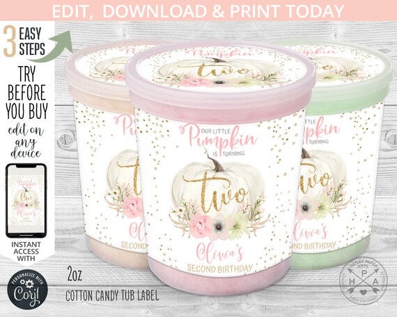 Pumpkin cotton candy tub label, plastic container, pink pastel gold birthday labels, second TWO any age party. Online template. 083HPA 62 B Il_570xn