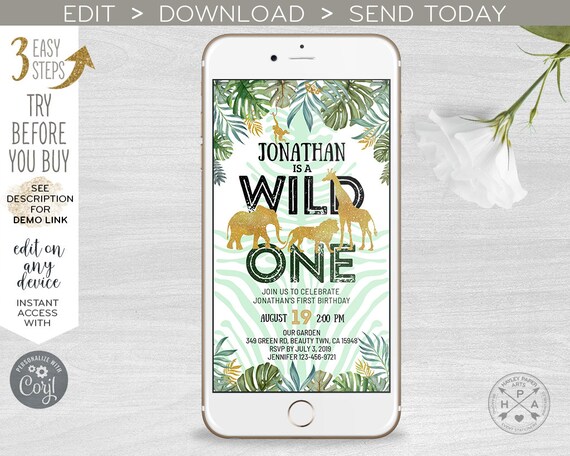 Jungle wild one smartphone invitation gold safari animals birthday electronic e-vite, digital invite Instant download. 400HPA E040 01 040HPA Il_570xn