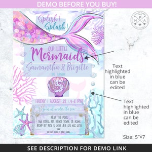 May include: A mermaid-themed birthday invitation featuring a pink and purple mermaid tail, a blue and green watercolour background, and the text "Splish! Splash! Our Little Mermaids Samantha & Brigitte are turning 5. Friday August 23 1:4-6 PM join us under the sea. Near the pool 349 Coral Rd, Beach Town, CA 15948 RSVP by Nov 3, 2022 Jen 123-456-9721 Do not forget your towel."